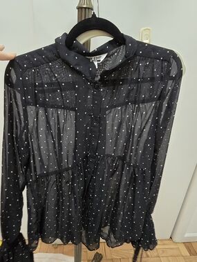 Semi-Sheer Black Polka Dot Long-Sleeve Blouse